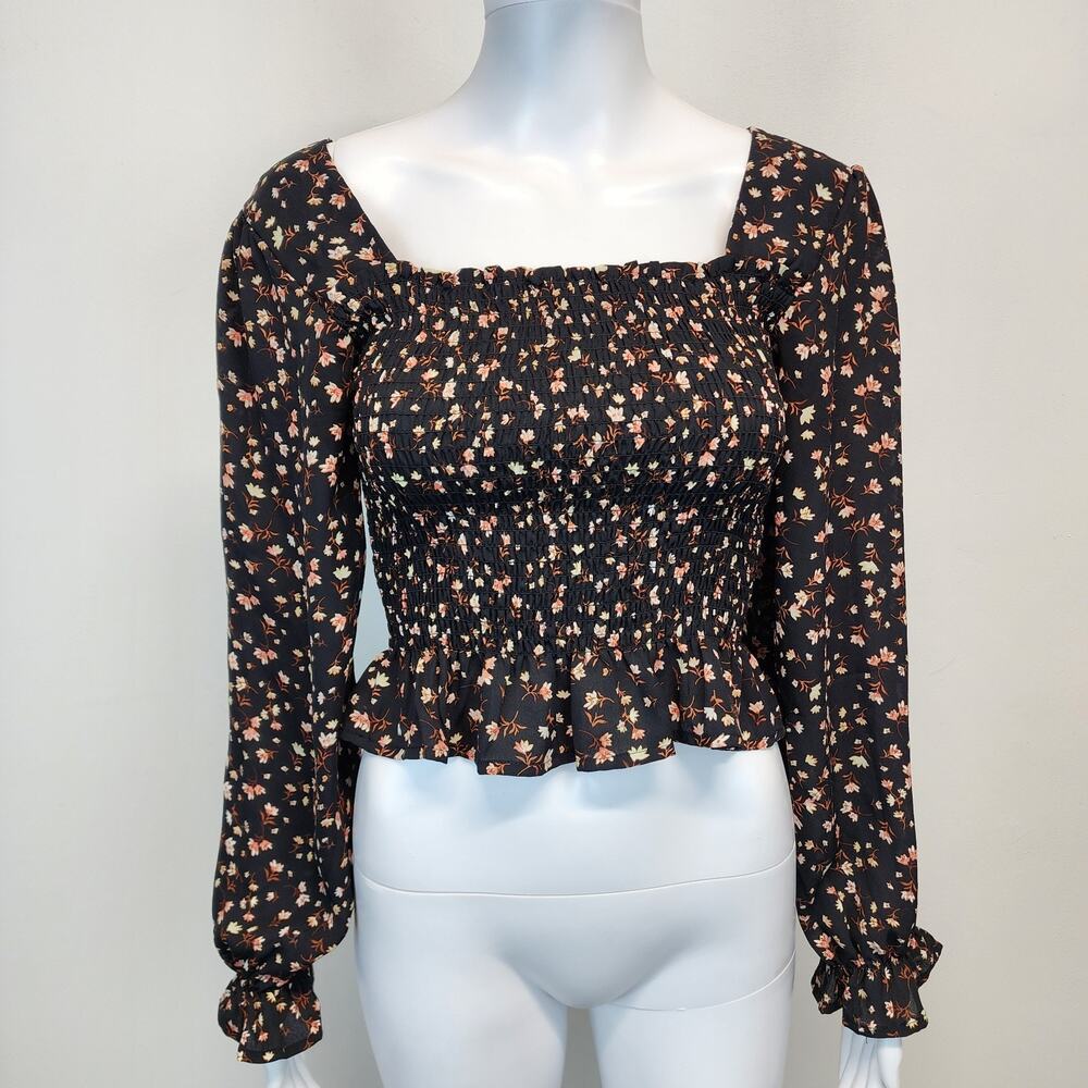Womens Romantic Smocked Floral Crop Top Size S Black Long Sleeve Boho Milkmaid